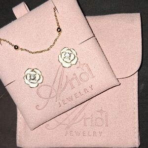 Gold Filled Jewelry White Flower Earrings and Gold Necklace Set